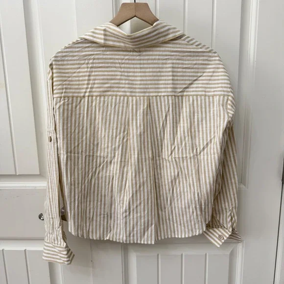 Cider Button Down Shirt Size S Tan White Striped Twist Front Roll Tab Sleeve - Picture 2 of 5
